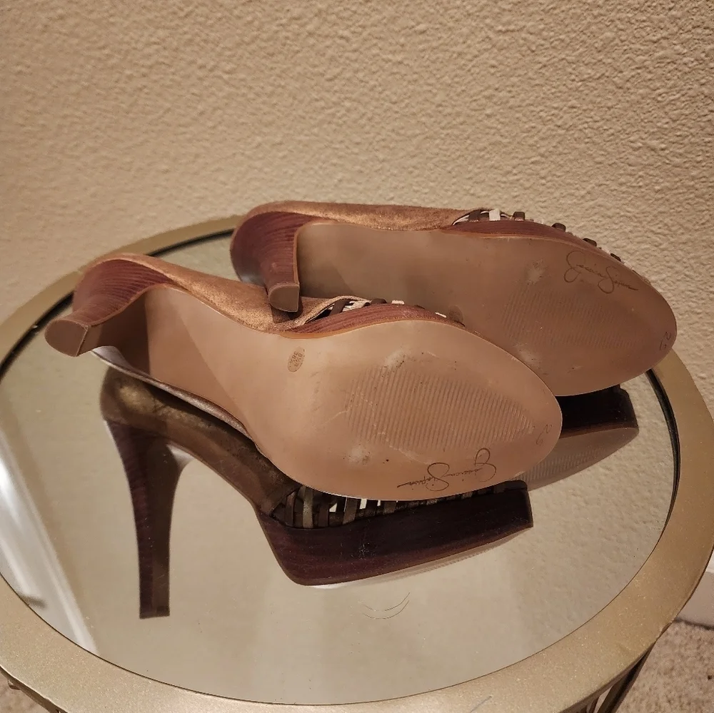 Jessica Simpson Leather Brown Gold Silver Heels Size 8.5B - Picture 5 of 7